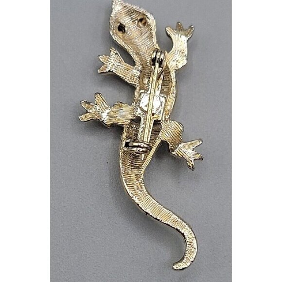 Vintage Gecko Lizard Brooch Pins Aurora Boreal Rhinestones Gold Tone Green Eyes - Picture 8 of 9